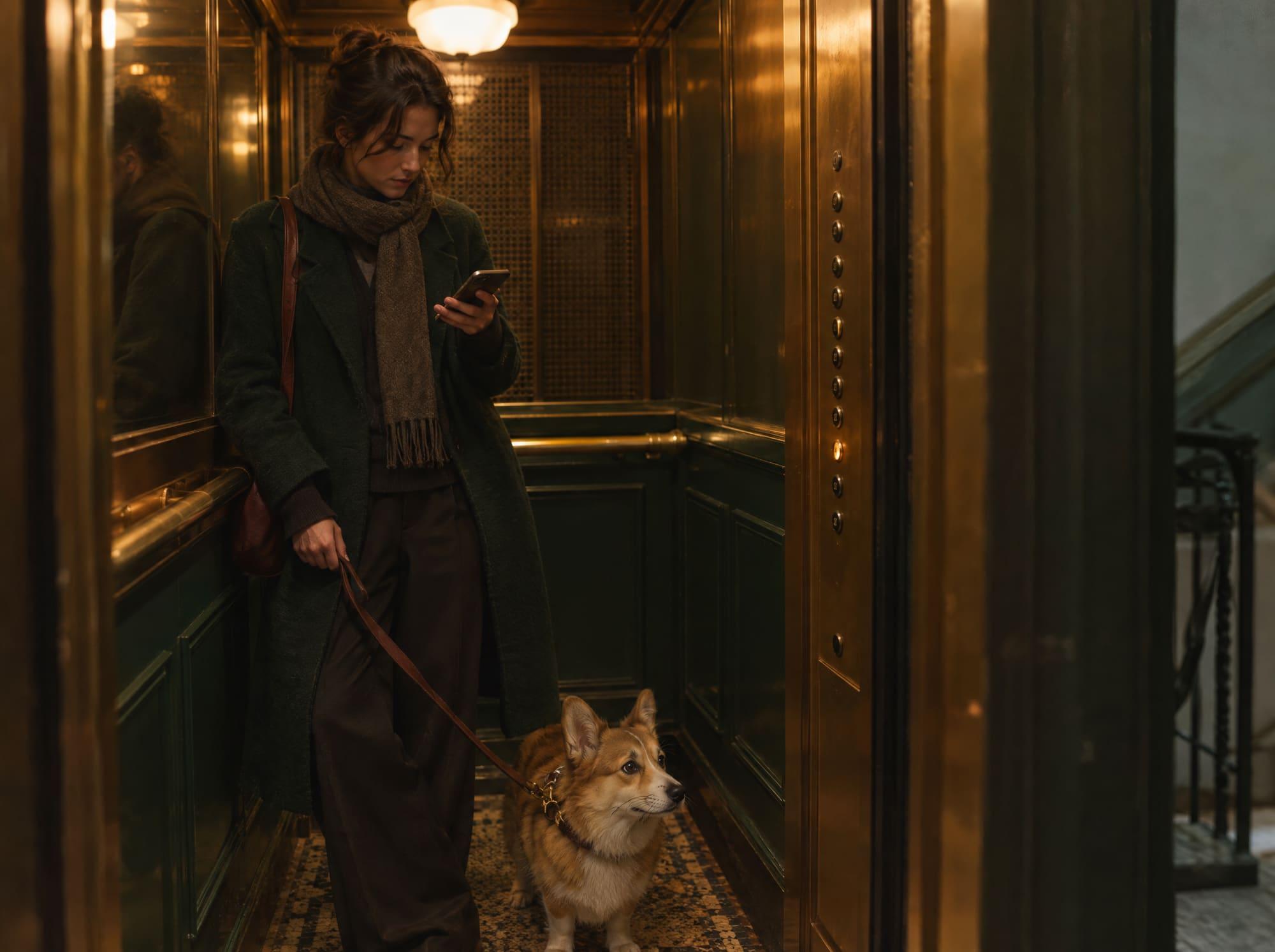 A dog walker with a corgi in an old apartment elevator, phone in hand
