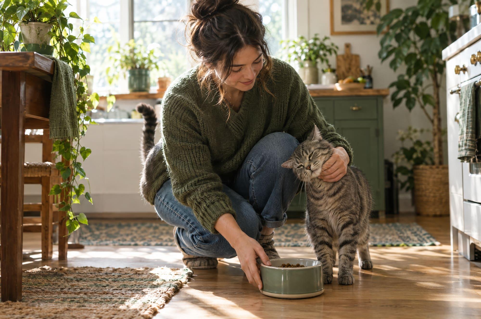 A pet sitter setting down a food bowl for a tabby cat in a sunny kitchen