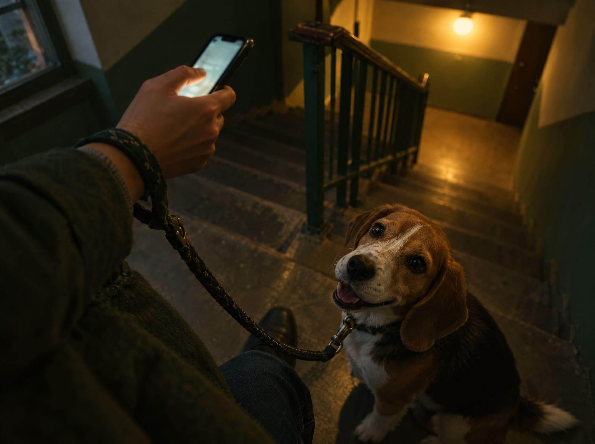 A sitter checking their phone in a dim stairwell with a beagle on the leash