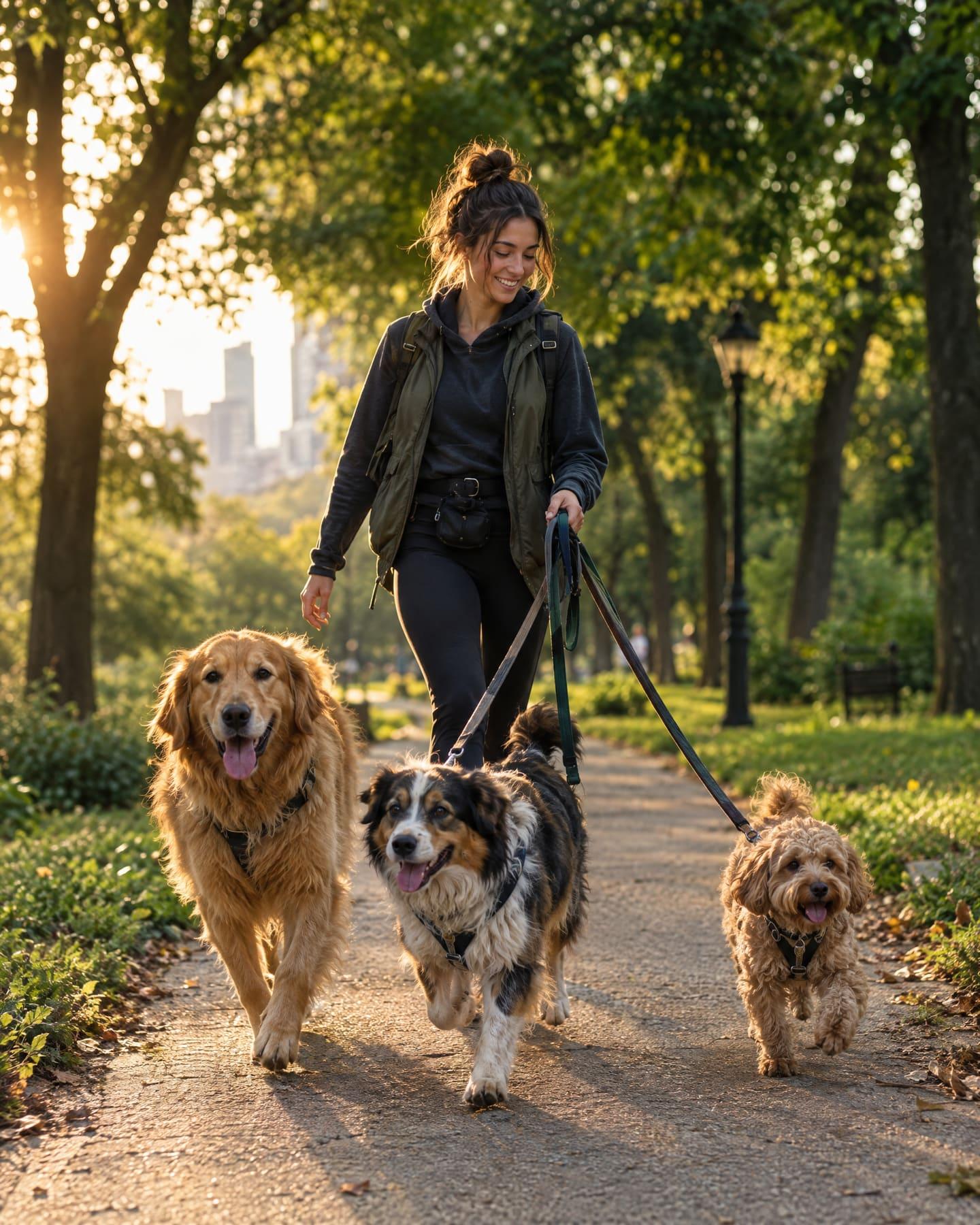 A dog walker leading three dogs through a park