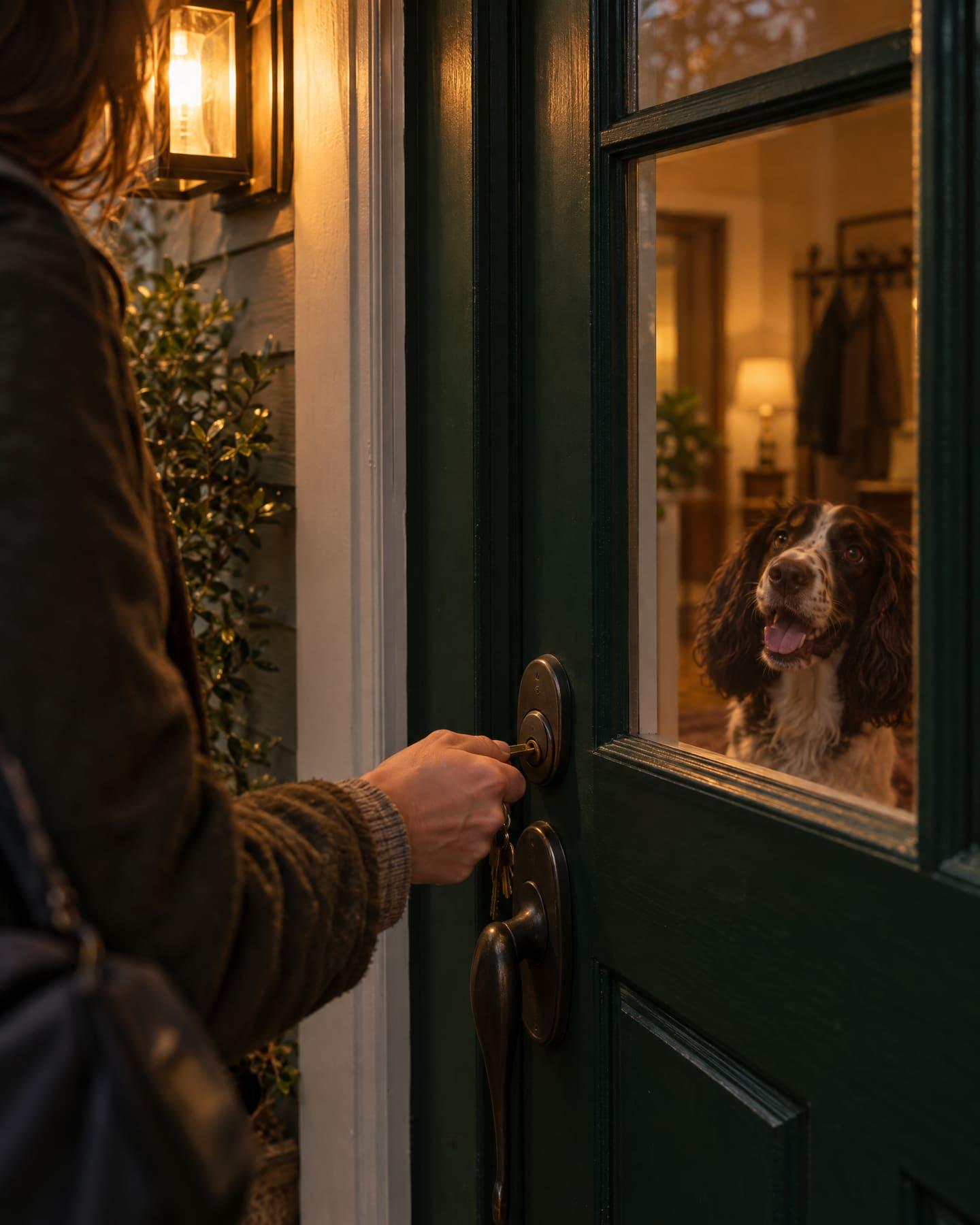 A sitter unlocking a green front door while a spaniel waits inside